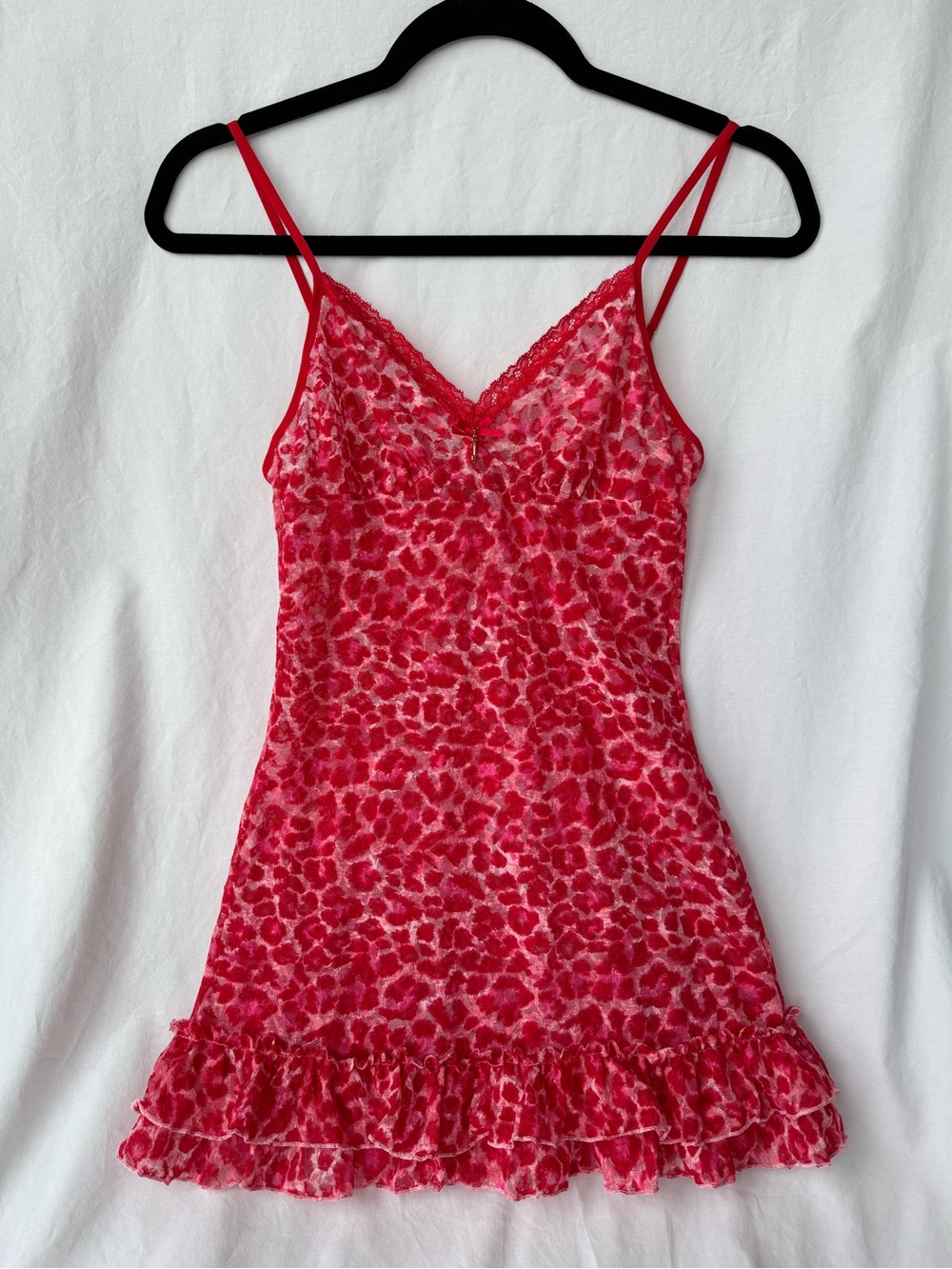 Victoria’s Secret Red Pink Leopard Lace Ruffle Chemise Nightie M